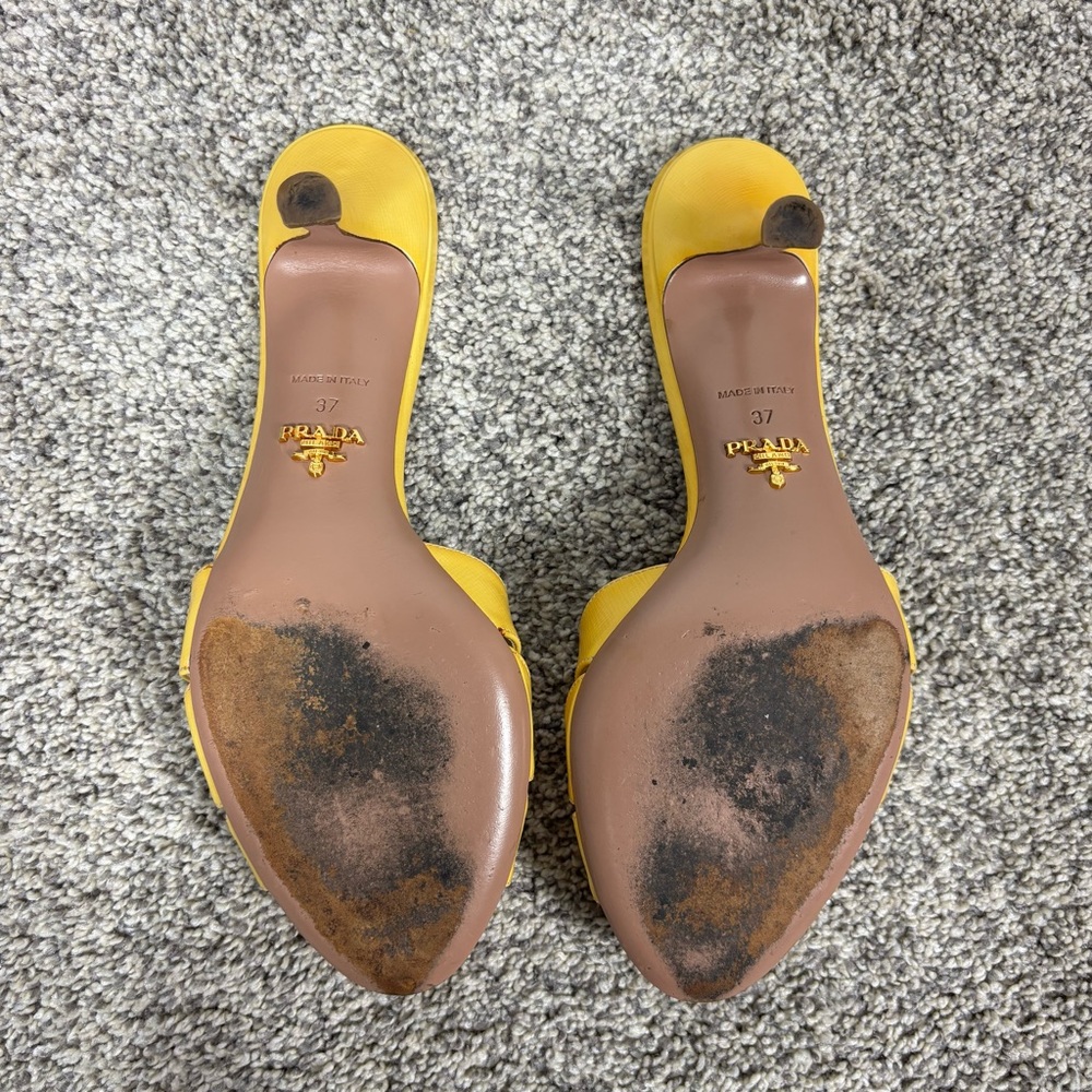Prada Yellow Saffiano Leather Bow Detail Kitten Heels Size 37 - Picture 7 of 11